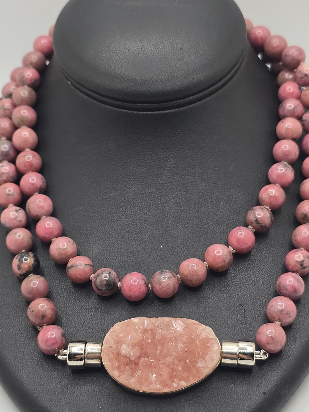 Rhodonite Bead Necklace Pink Druzy Quartz Removable Pendant 33" Gemstone Boho
